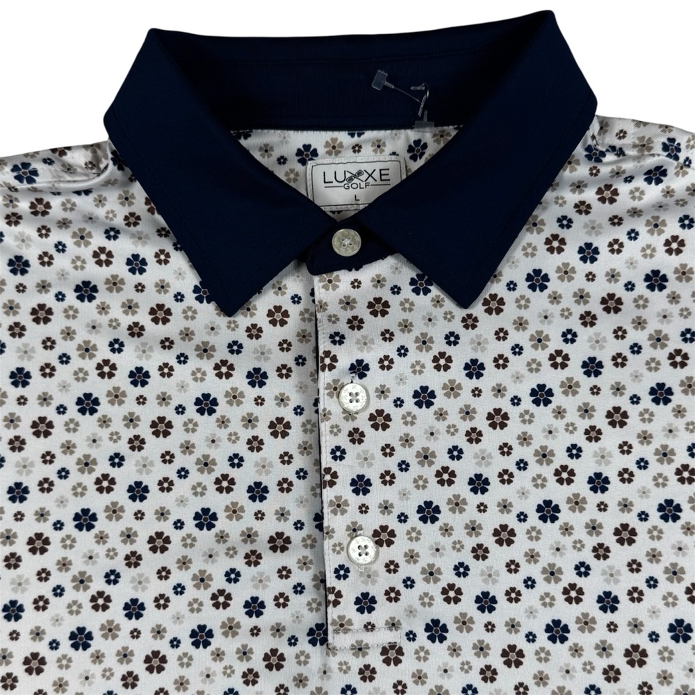 Luxxe Golf Polo Shirt Sunflowers AOP performance White Blue Men’s Size Large